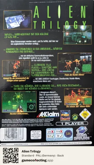 Alien Trilogy Sega Saturn, Germany box back