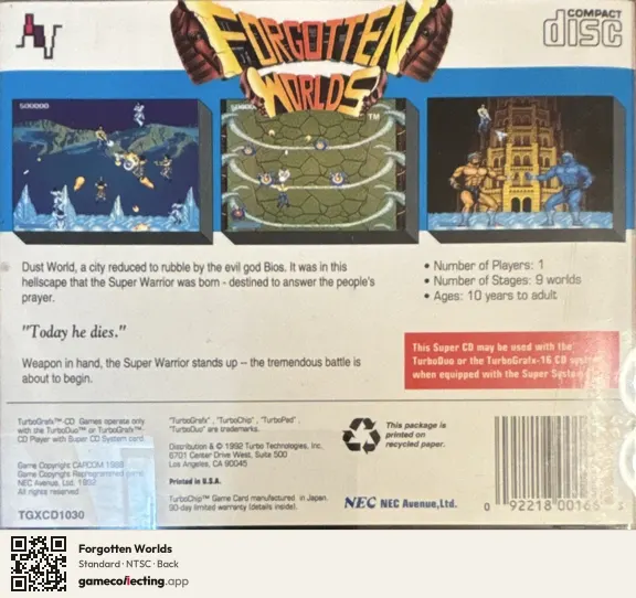 Forgotten Worlds TurboGrafx-CD, NTSC box back