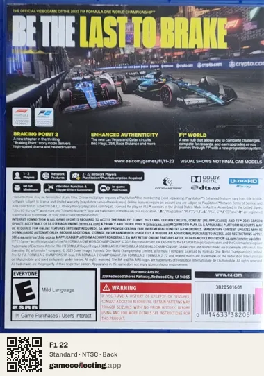 F1 22 PlayStation 5, NTSC box back