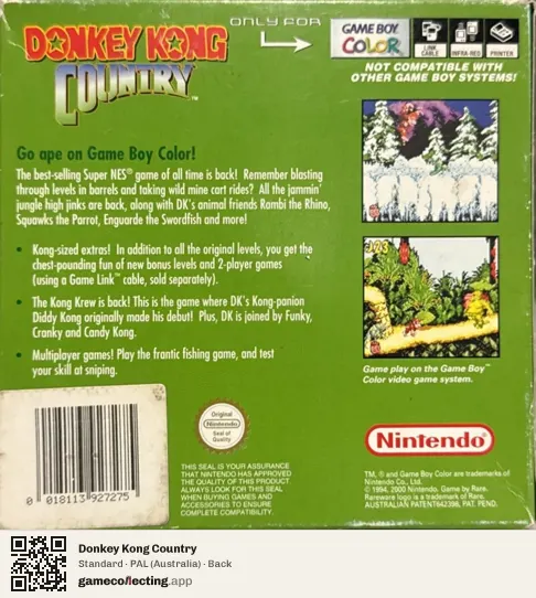 Donkey Kong Country Game Boy Color, Australia box back