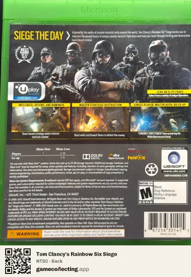 Tom Clancy's Rainbow Six Siege Xbox One, NTSC box back