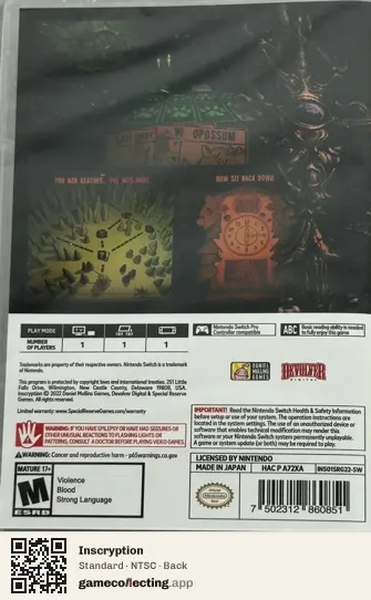 Inscryption Nintendo Switch, NTSC box back