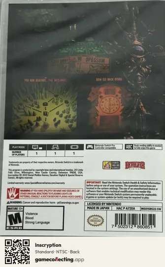 Inscryption Nintendo Switch, NTSC box back
