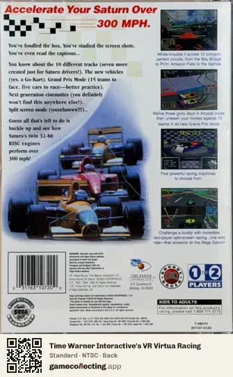 Time Warner Interactive's VR Virtua Racing Sega Saturn, NTSC box back