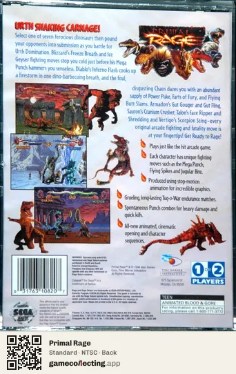 Primal Rage Sega Saturn, NTSC box back