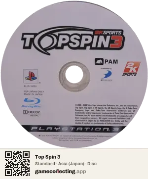 Top Spin 3 PlayStation 3, Asia disc