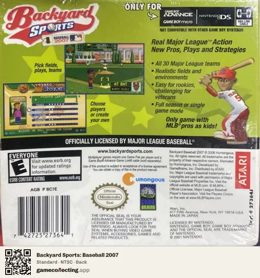 Backyard Sports: Baseball 2007 Game Boy Advance, NTSC box back