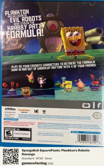 SpongeBob SquarePants: Plankton's Robotic Revenge Nintendo Wii U, NTSC box back