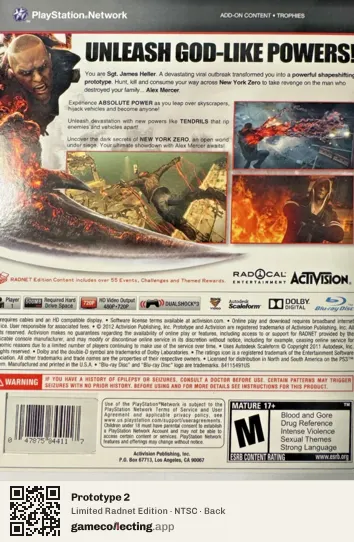 Prototype 2 PlayStation 3, NTSC box back