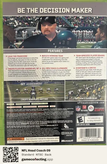 NFL Head Coach 09 Xbox 360, NTSC box back
