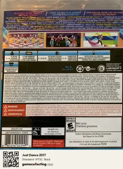 Just Dance 2017 PlayStation 3, NTSC box back