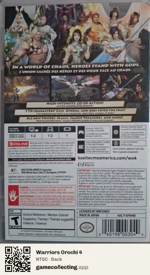 Warriors Orochi 4 Nintendo Switch, NTSC box back
