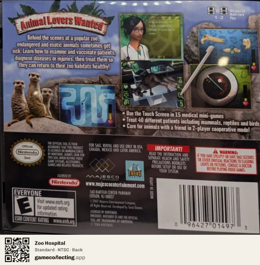 Zoo Hospital Nintendo DS, NTSC box back