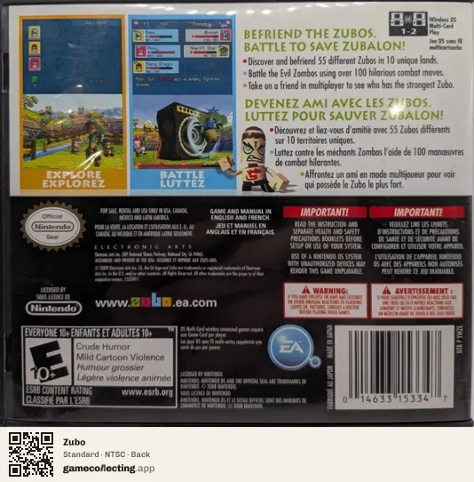 Zubo Nintendo DS, NTSC box back