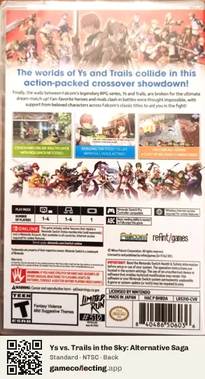Ys vs. Trails in the Sky: Alternative Saga Nintendo Switch, NTSC box back