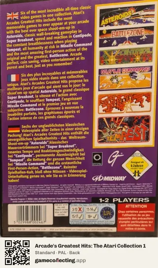 Arcade's Greatest Hits: The Atari Collection 1 Sega Saturn, PAL box back