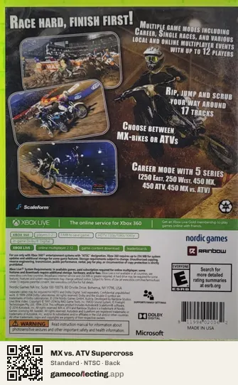 MX vs. ATV Supercross Xbox 360, NTSC box back