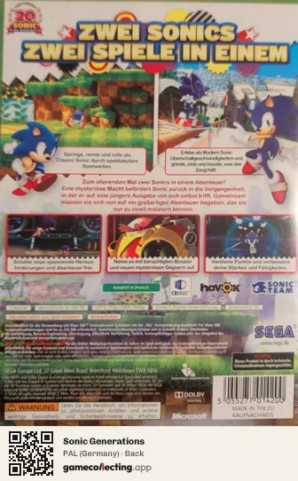 Sonic Generations Xbox 360, Germany box back