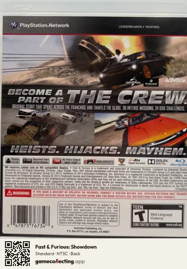 Fast & Furious: Showdown PlayStation 3, NTSC box back