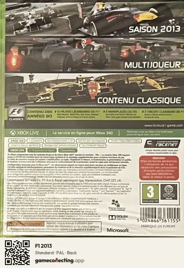 F1 2013 Xbox 360, PAL box back
