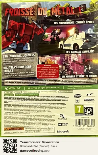 Transformers: Devastation Xbox 360, France box back