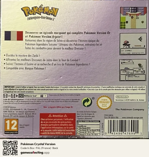 Pokémon Crystal Version Nintendo 3DS, France box back
