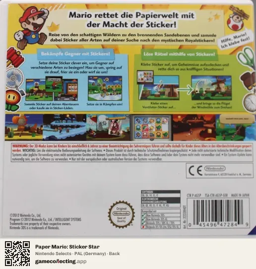 Paper Mario: Sticker Star Nintendo 3DS, Germany box back
