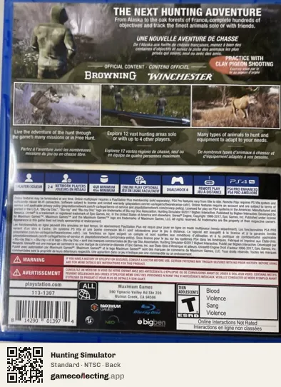 Hunting Simulator PlayStation 4, NTSC box back