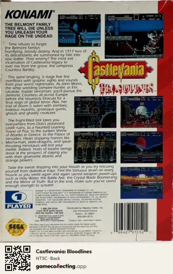 Castlevania: Bloodlines Sega Mega Drive / Genesis, NTSC box back
