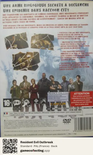 Resident Evil Outbreak PlayStation 2, France box back