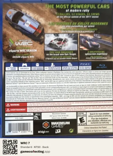 WRC 7 PlayStation 4, NTSC box back