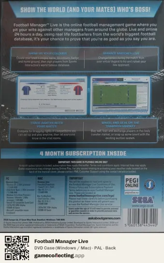 Football Manager Live Computer, PAL box back