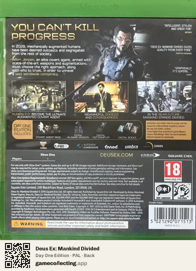 Deus Ex: Mankind Divided Xbox One, PAL box back