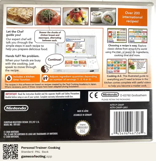 Personal Trainer: Cooking Nintendo DS, PAL box back