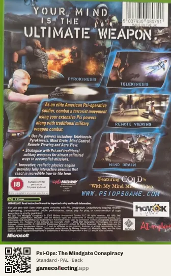 Psi-Ops: The Mindgate Conspiracy Xbox, PAL box back
