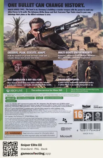 Sniper Elite III Xbox 360, PAL box back