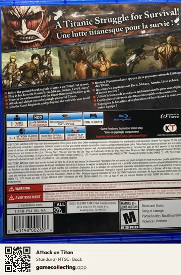 Attack on Titan PlayStation 4, NTSC box back