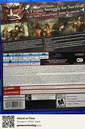 Attack on Titan PlayStation 4, NTSC box back