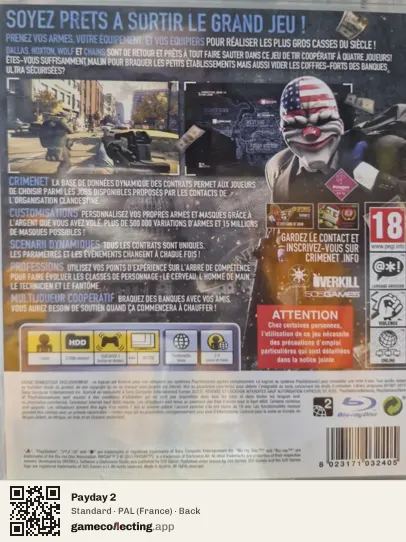 Payday 2 PlayStation 3, France box back