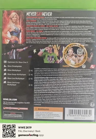 WWE 2K19 Xbox One, Germany box back