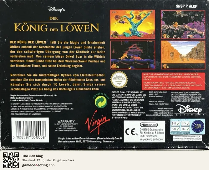 The Lion King Super Nintendo Entertainment System, United Kingdom box back