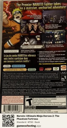 Naruto: Ultimate Ninja Heroes 2: The Phantom Fortress PlayStation Portable, NTSC box back