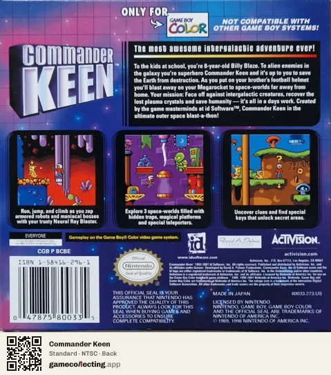 Commander Keen Game Boy Color, NTSC box back