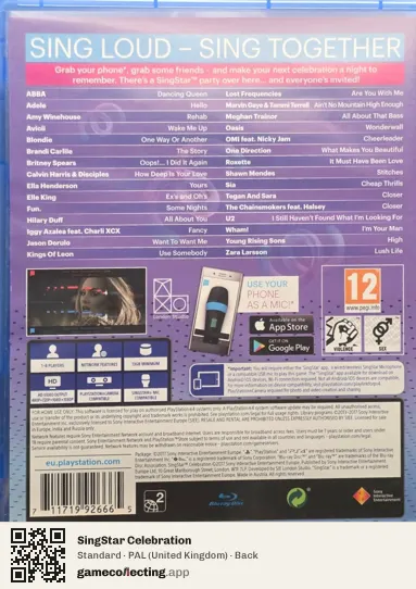 SingStar Celebration PlayStation 4, United Kingdom box back