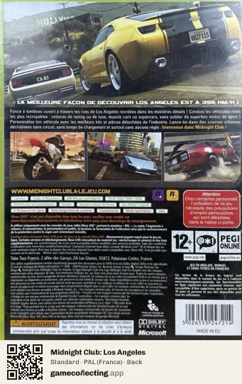 Midnight Club: Los Angeles Xbox 360, France box back