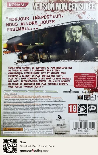 Saw Xbox 360, France box back