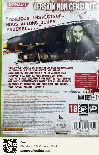 Saw Xbox 360, France box back
