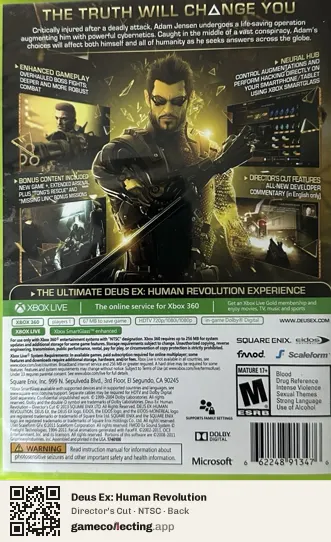 Deus Ex: Human Revolution Xbox 360, NTSC box back