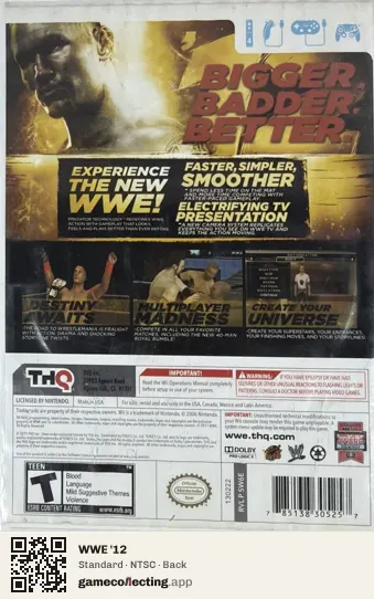 WWE '12 Nintendo Wii, NTSC box back