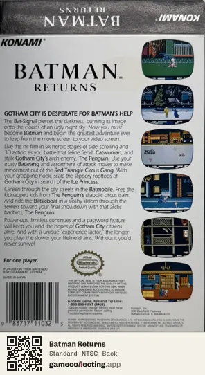 Batman Returns Nintendo Entertainment System, NTSC box back